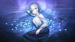 Rule 34 | 1girl, arm behind head, ass, bare shoulders, blue eyes, blush, breasts, cha neung, grey hair, highres, large breasts, long hair, looking at viewer, one eye covered, original, pants, petals, petals on liquid, smile, water
