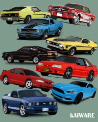 Rule 34 | artist name, black car, blue car, car, english text, ford mustang, ford mustang s197, ford mustang s550, green background, highres, kaiware, license plate, motor vehicle, muscle car, no humans, original, red car, shadow, simple background, spoiler (automobile), vehicle focus, yellow car