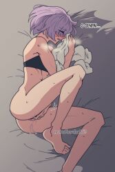 Rule 34 | closed eyes, english text, fate/grand order, fate (series), feet, female masturbation, fingering, highres, mash kyrielight, masturbation, neon (theneonflower), on bed, purple hair, pussy, pussy juice, twitter username