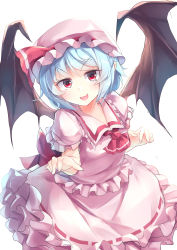 Rule 34 | 1girl, :d, absurdres, ascot, back bow, bat wings, blue hair, bow, breasts, collarbone, commentary request, cowboy shot, dress, fang, hat, hat ribbon, highres, kanzakietc, light blue hair, light blush, looking at viewer, mob cap, one-hour drawing challenge, open mouth, pink dress, pink hat, pointy ears, puffy short sleeves, puffy sleeves, red ascot, red bow, red eyes, red ribbon, remilia scarlet, ribbon, ribbon-trimmed dress, short hair, short sleeves, simple background, skin fang, small breasts, smile, solo, standing, touhou, v-shaped eyebrows, white background, wings