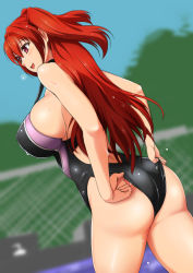 Rule 34 | 10s, 1girl, :d, ass, blurry, blush, bol (liliymimi), breasts, clothes pull, competition swimsuit, cowboy shot, depth of field, large breasts, long hair, naruse mio, one-piece swimsuit, one-piece swimsuit pull, open mouth, red eyes, red hair, shinmai maou no testament, sideboob, skindentation, smile, solo, swimsuit, twintails, two side up, upper body, wet