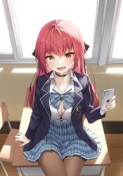 Rule 34 | 1girl, absurdres, black bow, black choker, black pantyhose, black vest, blue skirt, bow, breasts, cellphone, choker, cleavage, collared shirt, desk, earrings, fang, hair bow, heterochromia, highres, holding, holding phone, hololive, houshou marine, houshou marine (school uniform), jewelry, large breasts, long hair, looking at viewer, official alternate costume, on desk, pantyhose, partially unbuttoned, phone, red eyes, red hair, shirt, single earring, sitting, on desk, skin fang, skirt, smartphone, smile, solo, triangle earrings, vest, virtual youtuber, white shirt, yaho (a01085748817), yellow eyes