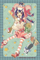 Rule 34 | 00s, 1girl, 2008, :d, animal, animal ears, animal hat, animal on head, apupu, argyle, argyle background, argyle clothes, bad id, bad pixiv id, blue hair, boots, bow, braid, cat, cat on head, full body, fur trim, hair bow, hat, heart, heart print, long hair, long sleeves, looking at viewer, mouse ears, multiple braids, on head, open mouth, pink footwear, plaid, plaid bow, polearm, pom pom (clothes), puffy shorts, red eyes, ribbon, shorts, smile, solo, star (symbol), starry background, striped clothes, striped thighhighs, thighhighs, trident, watermark, weapon, web address