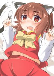 Rule 34 | 1girl, absurdres, animal ear fluff, animal ears, blush, bow, bowtie, brown hair, cat ears, cat tail, chen, commentary request, cowboy shot, fang, hands up, highres, long sleeves, lying, medium hair, midriff, multiple tails, navel, nekomata, no headwear, nose blush, on back, on bed, open mouth, red eyes, red skirt, red vest, schinfaxi1996, skirt, skirt set, solo, tail, touhou, two tails, vest, yellow bow, yellow bowtie