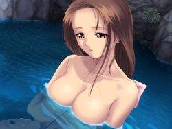 Rule 34 | 1girl, bathing, breasts, brown eyes, brown hair, cleavage, game cg, large breasts, long hair, mitama ~shinobi~, sarasa (mitama ~shinobi~), solo, tony taka, water