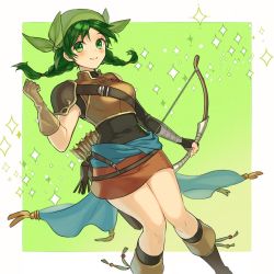 Rule 34 | arrow (projectile), bandana, boots, bow (weapon), breasts, closed mouth, fire emblem, fire emblem: the blazing blade, green background, green eyes, green hair, holding, holding bow (weapon), holding weapon, kiyuu, medium breasts, nintendo, quiver, rebecca (fire emblem), sparkle background, thighs, upper body, weapon, white background