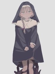 Rule 34 | 1girl, absurdres, black dress, blue eyes, blush, braid, commentary request, dress, feet out of frame, grey background, grey hair, habit, highres, kuhen10sub, long hair, looking at viewer, nun, original, side braid, simple background, sketch, solo, tentacles