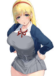 Rule 34 | 1girl, absurdres, alternate breast size, blazer, blonde hair, blue jacket, blush, breasts, dress, frown, green eyes, grey dress, hands on own hips, heanna sumire, highres, jacket, large breasts, long hair, looking at viewer, love live!, love live! superstar!!, namazu (yamasonson), open mouth, school uniform, short dress, simple background, solo, thighs, tiara, white background, yuigaoka school uniform