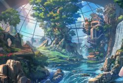 Rule 34 | arch, blue sky, bridge, building, cloud, day, dome, fantasy, flower, gable roof, gazebo, gears, highres, light rays, original, out of frame, outdoors, river, rock, scenery, sky, soraizumi, sunlight, tree, treehouse, unfinished, water, waterfall