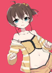 Rule 34 | 1girl, absurdres, ahoge, bare shoulders, blue eyes, brown hair, camisole, collarbone, frills, hair between eyes, highres, hololive, long sleeves, natsuiro matsuri, natsuiro matsuri (matsuri&#039;s day off), navel, red background, sasakungoodsize, scrunchie, shorts, side ponytail, solo, sweater, virtual youtuber