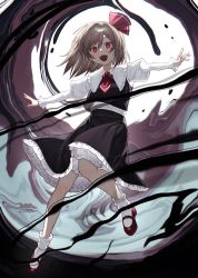 Rule 34 | 1girl, ascot, black skirt, black vest, blonde hair, fangs, full body, hair ribbon, highres, looking at viewer, mo (mokatampe), open mouth, outstretched arms, red ascot, red eyes, red footwear, red ribbon, ribbon, rumia, shirt, short sleeves, skirt, smile, solo, touhou, vest, white legwear, white shirt