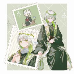 Rule 34 | 1girl, animal, bird, black robe, boots, braid, chibi, closed eyes, closed mouth, commentary request, commission, cross, green eyes, green hair, grey hair, hair over one eye, hands up, holding, holding cross, latin cross, long hair, long sleeves, multicolored hair, multiple views, original, puffy long sleeves, puffy sleeves, rabbit, robe, single braid, sitting, skeb commission, sleeves past wrists, smile, tree stump, two-tone hair, watermark, wide sleeves, yamiko