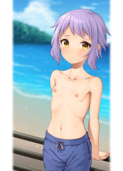 Rule 34 | 1girl, arms behind back, beach, binsen, blue male swimwear, blue sky, blue swim trunks, blurry, blurry background, blush, breasts, closed mouth, cloud, day, drawstring, female focus, highres, idolmaster, idolmaster million live!, looking at viewer, makabe mizuki, male swimwear, male swimwear challenge, nipples, ocean, outdoors, purple hair, sand, sky, small breasts, solo, standing, swim trunks, swimsuit, tagme, topless, water, yellow eyes