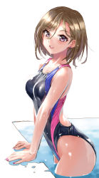 Rule 34 | 1girl, black one-piece swimsuit, breasts, brown eyes, brown hair, commentary request, competition swimsuit, cowboy shot, katahira masashi, looking at viewer, nail polish, one-piece swimsuit, original, pool, poolside, short hair, simple background, small breasts, solo, swimsuit, water, wet, wet clothes, wet swimsuit, white background