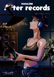 Rule 34 | 1girl, bare shoulders, black camisole, black hair, black pants, camisole, headphones, highres, holding record, leaf, midriff, navel, open fly, original, pants, plant, profile, shadow, short hair, signature, solo, tree 13, upper body