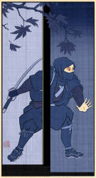 Rule 34 | 1boy, black eyes, border, branch, clothing request, commentary, english commentary, falling leaves, fine art parody, fishnets, from side, grey background, holding, holding sword, holding weapon, hood, hood up, katana, knees, leaf, legs apart, male focus, nihonga, ninja, official art, parody, ribbon, roland macdonald, sandals, solo, spread fingers, squatting, sword, total war: shogun 2, ukiyo-e, weapon