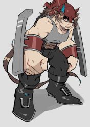Rule 34 | 1boy, absurdres, belt, black footwear, boots, brown hair, clenched hands, closed mouth, grey background, grey shirt, helmet, highres, juuni taisen, looking at viewer, male focus, muscular, red eyes, shaded face, shirt, simple background, solo, souma yoshimi, tank top
