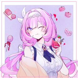 Rule 34 | 1girl, blue eyes, border, breasts, cake, candy, cl aoulr7, coat, elf, elysia (coco) (honkai impact), elysia (honkai impact), elysia (miss pink elf) (honkai impact), food, headband, heart, highres, holding, holding cake, holding food, honkai (series), honkai impact 3rd, lollipop, long hair, looking at viewer, one eye closed, pink hair, pointy ears, purple background, shirt, solo, sweets, tongue, tongue out, upper body, very long hair, white border, white headband, white shirt, winter clothes, winter coat, yellow coat