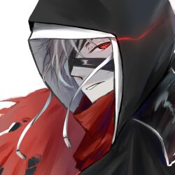 Rule 34 | 1boy, arknights, black jacket, character request, commentary request, drawstring, eye mask, eye trail, glowing, glowing eye, grey hair, hongchenhuangluqingnanzi, hood, hood up, hooded jacket, jacket, light trail, looking at viewer, male focus, parted lips, red eyes, red scarf, scarf, simple background, solo, torn clothes, torn scarf, upper body, white background