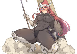 Rule 34 | 1girl, ao no kiseki, arm support, armored boots, black bodysuit, blue eyes, blush, bodysuit, boots, boudica (fate), breasts, commentary, covered navel, crotch seam, eiyuu densetsu, feather hair ornament, feathers, forehead protector, full body, gauntlets, godsworn alexiel, hair between eyes, hair ornament, hajimari no kiseki, halberd, headgear, high heel boots, high heels, holding, holding polearm, holding weapon, ines (eiyuu densetsu), large pasta, long hair, looking at viewer, medium breasts, parted lips, pillar, polearm, ponytail, red hair, rock, sidelocks, simple background, skin tight, solo, squatting, thick thighs, thighs, toned, v-shaped eyebrows, weapon, white background