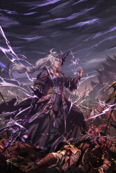 Rule 34 | 1girl, absurdres, battlefield, blood, blood on clothes, blood on hands, electricity, fantasy, headpiece, highres, holding, holding polearm, holding weapon, long hair, miao ying, overcast, polearm, ponytail, purple eyes, sky, spear, storm, tuweibu, warhammer fantasy, weapon, white hair