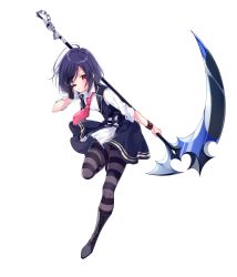 Rule 34 | 1girl, bell, black footwear, black gloves, black hair, blue eyes, boots, chain, cross-laced footwear, dress, full body, gloves, hand on own face, heterochromia, highres, holding, holding scythe, holding weapon, kurosaki mei, necktie, official art, omega labyrinth life, pantyhose, red eyes, red necktie, scythe, short dress, short hair, simple background, single glove, solo, striped clothes, striped legwear, striped pantyhose, u35, weapon, white background, wristband