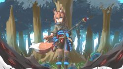 Rule 34 | absurdres, ahoge, animal ear fluff, animal ears, black dress, black gloves, black thighhighs, blue eyes, day, dress, flamethrower, forest, fox ears, fox girl, fox tail, gloves, hair between eyes, hair over shoulder, highres, hinbackc, holding, holding weapon, long hair, long sleeves, looking to the side, nature, original, outdoors, red hair, scenery, short dress, solo, tail, thighhighs, weapon, zettai ryouiki