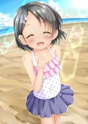 Rule 34 | 1girl, :d, ^ ^, bare arms, bare shoulders, beach, black hair, blue skirt, blue sky, blush, camisole, closed eyes, cloud, cloudy sky, collarbone, day, facing viewer, fingernails, hair ornament, hairclip, hand up, highres, horizon, idolmaster, idolmaster cinderella girls, ocean, open mouth, outdoors, pleated skirt, polka dot, polka dot camisole, rabbit hair ornament, regular mow, sand, sasaki chie, skirt, sky, smile, solo, standing, water, white camisole