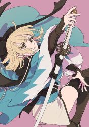 Rule 34 | 1girl, ahoge, black bow, black scarf, blonde hair, bow, fate/grand order, fate (series), floating hair, hair between eyes, hair bow, haori, holding, holding sword, holding weapon, isshoku (shiki), japanese clothes, katana, kimono, koha-ace, looking at viewer, obi, okita souji (fate), okita souji (koha-ace), parted lips, pink background, sash, scarf, sheath, sheathed, shinsengumi, short hair, simple background, solo, sword, teeth, weapon, yellow eyes