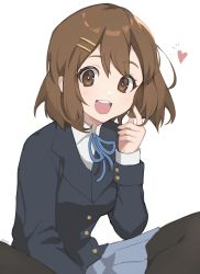 Rule 34 | 1girl, :d, black jacket, black pantyhose, blue ribbon, brown eyes, brown hair, buttoned cuffs, buttons, collared shirt, commentary, eyelashes, grey skirt, hair ornament, hairclip, hand up, heart, highres, hirasawa yui, jacket, k-on!, long sleeves, looking at viewer, milka (milk4ppl), neck ribbon, open mouth, pantyhose, ribbon, shirt, simple background, skirt, smile, solo, teeth, tongue, twirling hair, upper teeth only, white background, white shirt