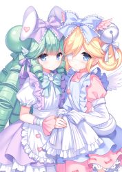 Rule 34 | 2girls, animal ears, apron, bell, blonde hair, blue apron, blue bow, blue eyes, blush, borrowed character, bow, closed mouth, collared dress, collared shirt, commission, cutesu (cutesuu), double bun, dress, drill hair, eyepatch, frilled apron, frilled bow, frilled sleeves, frills, green hair, grey background, hair bell, hair bow, hair bun, hair ornament, hair over one eye, highres, jingle bell, layered sleeves, long hair, long sleeves, medical eyepatch, miruku (cutesuu), multiple girls, original, pink dress, puffy short sleeves, puffy sleeves, purple bow, purple skirt, rabbit ears, sacraneco, shirt, short over long sleeves, short sleeves, simple background, skirt, sleeves past fingers, sleeves past wrists, smile, suspender skirt, suspenders, very long hair, waist apron, white apron, wrist cuffs