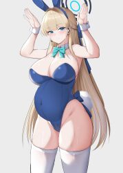 Rule 34 | 1girl, animal ears, blue archive, blue bow, blue bowtie, blue eyes, blue leotard, bow, bowtie, breasts, cleavage, commentary, covered navel, detached collar, fake animal ears, fake tail, grey background, halo, highleg, highleg leotard, highres, kisaragi nana, large breasts, leotard, long hair, playboy bunny, pregnant, rabbit ears, rabbit pose, simple background, solo, strapless, strapless leotard, tail, thighhighs, toki (blue archive), toki (bunny) (blue archive), white thighhighs, wrist cuffs