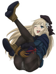 Rule 34 | 1girl, :d, ass, black headwear, blue jacket, brown pantyhose, cameltoe, cleft of venus, fate (series), fur collar, green eyes, highres, hugging own legs, jacket, leg up, long sleeves, lord el-melloi ii case files, nomanota, open mouth, panties, panties under pantyhose, pantyhose, reines el-melloi archisorte, simple background, sitting, smile, solo, teeth, tongue, tongue out, underwear, upper teeth only, white background