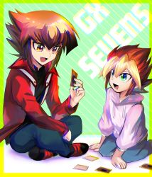 Rule 34 | 2boys, :d, aged down, black shirt, blonde hair, blue pants, border, brown eyes, brown hair, card, child, duel academy uniform (yu-gi-oh! gx), green eyes, hair between eyes, holding, holding card, hood, hooded sweater, indian style, jacket, kneeling, long sleeves, medium hair, multicolored hair, multiple boys, open clothes, open jacket, open mouth, ohdo yuga, outside border, pants, red jacket, shirt, sitting, sk816, smile, sweater, two-tone hair, white sweater, yellow border, yu-gi-oh!, yu-gi-oh! gx, yu-gi-oh! sevens, yuki judai