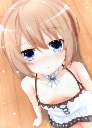 Rule 34 | 10s, 1girl, areola slip, blanc (neptunia), blue eyes, blush, breasts, brown hair, bubble, chestnut mouth, cleavage, downblouse, extended downblouse, from above, haru blanc0316, highres, jewelry, looking at viewer, looking up, necklace, neptune (series), no bra, open mouth, shadow, short hair, small breasts, solo, sparkle