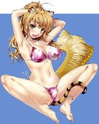 Rule 34 | 1girl, absurdres, adjusting hair, animal ears, anklet, armpits, arms behind head, arms up, barefoot, bikini, blonde hair, breasts, cat ears, cat tail, cle masahiro, fangs, feet, floral print, highres, innertube, jewelry, large breasts, legs, non-web source, original, pink bikini, print bikini, side-tie bikini bottom, simple background, slit pupils, solo, spread legs, swim ring, swimsuit, tail, thighs, tiger ears, tiger tail, toes, yellow eyes