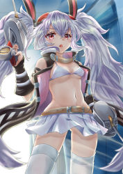 1girl, :o, adapted turret, animal ears, azur lane, backlighting, bangs, bare shoulders, bikini, bikini top, black coat, blush, breasts, bridal gauntlets, bunny ears, cleavage, coat, commentary request, cowboy shot, eyebrows visible through hair, fake animal ears, gluteal fold, groin, hair between eyes, hair ornament, highres, holding, holding weapon, laffey (azur lane), light rays, long hair, looking at viewer, medium breasts, midriff, navel, open clothes, open coat, open mouth, partial commentary, pleated skirt, red eyes, retrofit (azur lane), sidelocks, skindentation, skirt, sleeveless coat, solo, standing, swimsuit, thighhighs, twintails, underboob, very long hair, weapon, white bikini, white hair, white legwear, white skirt, yam (yam6056), zettai ryouiki