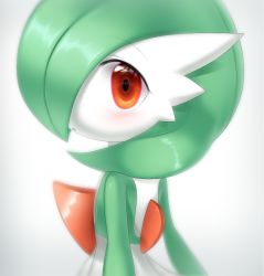 Rule 34 | 1girl, back, blurry, blush, bob cut, colored skin, creatures (company), depth of field, female focus, flat chest, from behind, game freak, gardevoir, gen 3 pokemon, gradient background, green hair, green skin, grey background, hair over one eye, looking at viewer, looking back, lotosu, multicolored skin, nintendo, open mouth, pokemon, pokemon (creature), red eyes, short hair, sideways mouth, simple background, solo, standing, two-tone skin, upper body, white skin