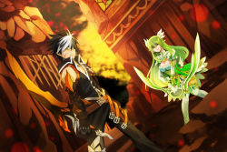 Rule 34 | 1boy, 1girl, belt, black hair, bow (weapon), breasts, dress, elsword, full body, gloves, grand archer (elsword), green hair, ivy60530, long hair, medium breasts, multicolored hair, pants, pointy ears, raven cronwell, reckless fist (elsword), rena erindel, sword, thighhighs, two-tone hair, v arms, weapon, white hair, white thighhighs, yellow eyes