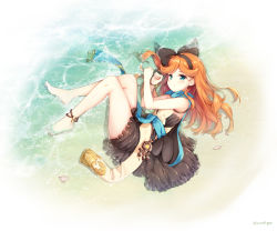 Rule 34 | 1girl, bare arms, bare legs, bare shoulders, barefoot, black dress, black hairband, black ribbon, blue eyes, blush, brown hair, closed mouth, commentary request, conch, dress, full body, granblue fantasy, hair ribbon, hairband, highres, knees up, kusunoki (escude), long hair, lying, on side, ribbon, sara (granblue fantasy), shallow water, smile, solo, twitter username, very long hair, water