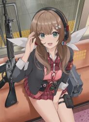 1girl assault_rifle bag breasts brown_hair girls&#039;_frontline green_eyes gun hair_ornament headset highres howa_type_89 howa_type_89_(girls&#039;_frontline) medium_breasts nighttsound rifle school_bag school_uniform smile train train_station weapon