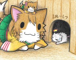 Rule 34 | 10s, :3, ^^^, admiral (kancolle), ambush, animal ears, animalization, cat, cat ears, cat tail, colored pencil (medium), commentary request, dainamitee, green skirt, hat, hiryuu (kancolle), japanese clothes, kantai collection, kimono, mouse, mouse (animal), no humans, non-human admiral (kancolle), nyankore, o o, pleated skirt, skirt, sweatdrop, tail, traditional media