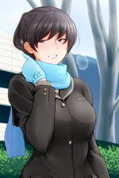 Rule 34 | 1girl, amagami, black eyes, black hair, blue scarf, blush, breasts, commentary request, highres, kibito high school uniform, large breasts, looking at viewer, looking back, outdoors, parted lips, ponytail, sasaki akira (ugc), scarf, school uniform, smile, solo, tsukahara hibiki