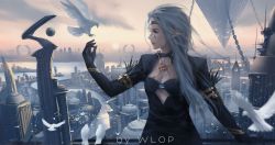 Rule 34 | 1girl, arch, artist name, bird, breasts, building, chain, circlet, cleavage, cloud, dove, elf, facial mark, feather trim, floating, flying, highres, landing, long hair, medium breasts, original, pointy ears, profile, silver hair, sky, skyscraper, sunset, wind, wings, wlop