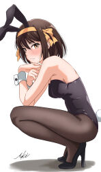 Rule 34 | 1girl, absurdres, aki (art of aki), animal ears, artist name, black footwear, black leotard, bob cut, brown eyes, brown hair, brown pantyhose, closed mouth, commentary, english commentary, fake animal ears, fake tail, from side, full body, hair ribbon, hairband, high heels, highres, leotard, looking at viewer, looking to the side, medium hair, official alternate costume, pantyhose, playboy bunny, rabbit ears, rabbit tail, ribbon, sidelocks, signature, simple background, solo, squatting, suzumiya haruhi, suzumiya haruhi no yuuutsu, tail, white background, white wrist cuffs, wrist cuffs, yellow hairband, yellow ribbon