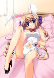 Rule 34 | 1girl, absurdres, animal ears, bare legs, bed, blue eyes, blush, breasts, brown hair, dog hair ornament, fake animal ears, frilled pillow, frills, hair ornament, hand on own stomach, high heels, highres, koiiro soramoyou, legs, long hair, lucie, lying, on back, pillow, playboy bunny, rabbit ears, shinohara sera, shoes, smile, solo, sunlight