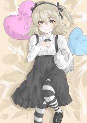 Rule 34 | 10s, 1girl, absurdres, alternate footwear, bandages, bed sheet, black bow, black bowtie, black footwear, black pantyhose, black ribbon, black skirt, boko (girls und panzer), bow, bowtie, brown eyes, casual, closed mouth, collared shirt, commentary, from above, girls und panzer, hair ribbon, heart, heart-shaped pillow, high-waist skirt, highres, holding, holding stuffed toy, layered skirt, light brown hair, loafers, long hair, long sleeves, looking at viewer, lying, medium skirt, on back, on bed, one-hour drawing challenge, pantyhose, pillow, ribbon, shignonpencil, shimada arisu, shirt, shoes, side ponytail, sketch, skirt, smile, solo, striped clothes, striped pantyhose, stuffed animal, stuffed toy, suspender skirt, suspenders, teddy bear, white shirt
