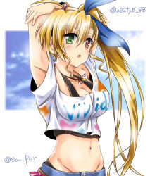 Rule 34 | 1girl, aged up, arms behind head, black shirt, blonde hair, blue ribbon, bracelet, breasts, clothes writing, crop top, green eyes, hair ribbon, heterochromia, jewelry, layered clothes, long hair, looking at viewer, lyrical nanoha, mahou shoujo lyrical nanoha vivid, medium breasts, midriff, navel, necklace, paint splatter, parted lips, red eyes, ribbon, san-pon, shirt, side ponytail, solo, standing, tank top, twitter username, upper body, vivio, white shirt