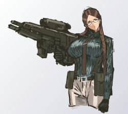 Rule 34 | 1girl, airburst grenade launcher, alliant techsystems, assault rifle, bad anatomy, belt pouch, black gloves, braid, breasts, brown hair, bullpup, carbine, clenched hand, computerized scope, contraves brashear systems, cropped legs, female focus, glasses, glasses girl (nameo), gloves, gradient background, grenade launcher, grey eyes, gun, hair over shoulder, head tilt, heckler &amp; koch, highres, holding, holding gun, holding weapon, huge weapon, l-3 communications corporation, l3 technologies, large breasts, long hair, military, military program, modular weapon system, multi-weapon, multiple-barrel firearm, nameo (judgemasterkou), necktie, night-vision device, objective individual combat weapon (military program), objective infantry combat weapon (military program), original, parted bangs, poorly drawn, pouch, precision-guided firearm, prototype design, rifle, scope, selectable assault battle rifle (military program), semi-automatic firearm, semi-automatic grenade launcher, semi-rimless eyewear, short-barreled rifle, sight (weapon), smart scope, solo, suspenders, telescopic sight, thermal weapon sight, transforming weapon, trigger discipline, twin braids, under-barrel configuration, under-rim eyewear, underbarrel assault rifle, underbarrel rifle, weapon, xm104 (smart scope), xm29 oicw