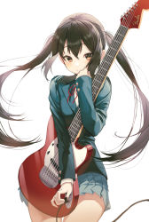 Rule 34 | 1girl, absurdres, black hair, blazer, blue jacket, brown eyes, cable, electric guitar, fender mustang, grey skirt, guitar, highres, holding, holding instrument, instrument, jacket, k-on!, long hair, long sleeves, looking at viewer, miniskirt, nakano azusa, pleated skirt, pro-p, sakuragaoka high school uniform, school uniform, simple background, skirt, solo, twintails, white background, wing collar